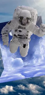 Surreal astronaut floating above clouds in artistic space scene.