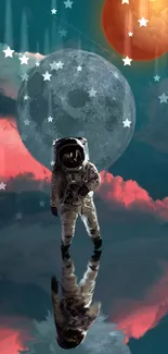 Astronaut in a surreal cosmic scene with planets and stars.