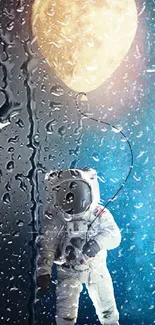 Astronaut holding a moon balloon in the rain with a dark blue background.