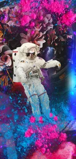 Vibrant cosmic wallpaper with astronaut, flowers, and butterflies in pink and blue.