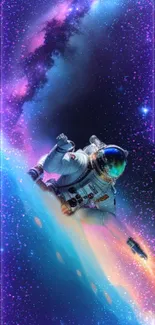 Astronaut gliding through a vibrant, colorful cosmic scene.