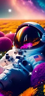 Astronaut in vibrant field with galaxy sky.