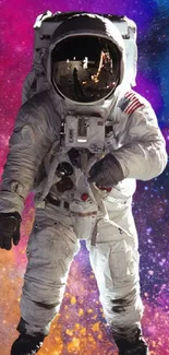 Astronaut rising amidst a colorful cosmic background in a galaxy.