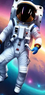 Astronaut floating in colorful space scene with vibrant galaxy backdrop.