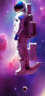 Astronaut floating in a vibrant purple galaxy.