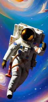 Astronaut floating in colorful space with planets and stars.