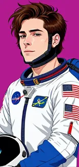 Illustrated astronaut in colorful space suit with purple background.