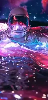 Astronaut floating in colorful cosmic ocean with stars.