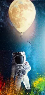 Astronaut floating with colorful balloon galaxy.