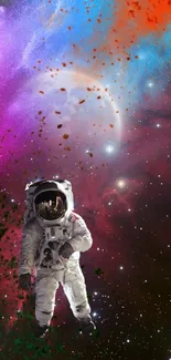 Astronaut floating amidst colorful cosmic clouds in space.