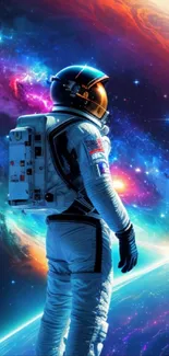 Astronaut exploring deep space with vibrant galaxy background.