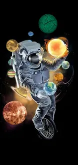 Astronaut juggling planets on a unicycle against a black space background.