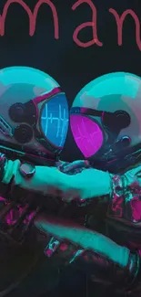 Two astronauts embrace with neon helmets, glowing against a dark background.