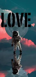 Astronaut with love sign in cloudy sky.