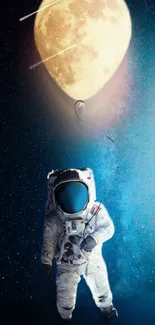 Astronaut with moon balloon in starry space scene.