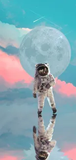 Astronaut standing on water with a large moon and colorful clouds in the background.