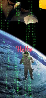 Astronaut with Matrix code over Earth wallpaper.