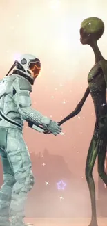 Astronaut and alien shaking hands in a whimsical cosmic setting.