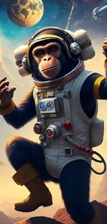 Astronaut monkey exploring a cosmic landscape with planets and stars.