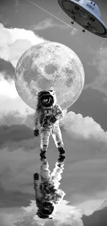 Astronaut and UFO with moon in cosmic scene wallpaper.