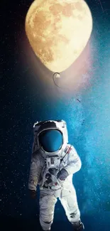 Astronaut floating under the moon balloon in a galaxy background.