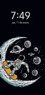 Cartoon astronaut skateboards on the moon with planets in the background.