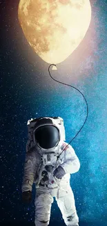 Astronaut holding moon balloon in starry space.