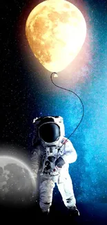 Astronaut holding a glowing moon balloon in space.