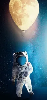 Astronaut floating with a moon balloon in space.