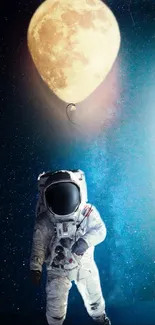 Astronaut floating with moon balloon in space, artistic wallpaper.