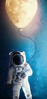 Astronaut tethered to moon balloon in vibrant galaxy setting.