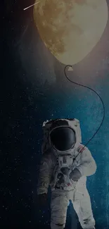 Astronaut holding moon balloon in space.