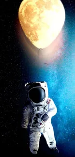 Astronaut floats with a moon balloon in starry space art.