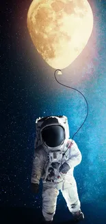 Astronaut holding a moon balloon against a starry sky.