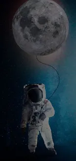 Astronaut holding moon as a balloon, space wallpaper.