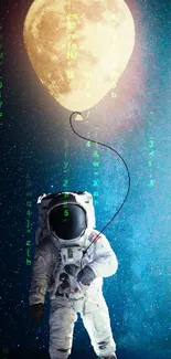 Astronaut holds a moon balloon in a starry night sky.