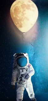 Astronaut holding moon balloon in space wallpaper.