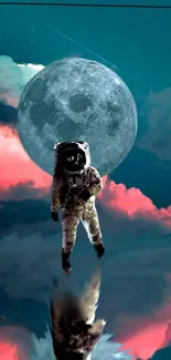 Astronaut floating beneath the moon with colorful clouds in a cosmic dreamscape.