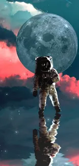 Astronaut walks in cosmic moonlit dreamscape with vibrant clouds.