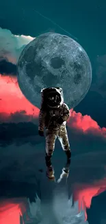 Astronaut on water with moon in a fantasy scene.