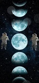 Astronauts with moon phases in dark starry sky wallpaper.