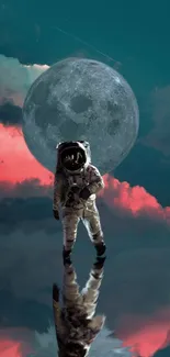 Astronaut walking on reflective surface with moon and colorful sky.