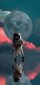 Astronaut reflecting under a full moon in a cosmic, dreamlike landscape.