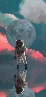 Astronaut reflected on water beneath a glowing moon and vibrant clouds.