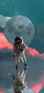 Astronaut reflecting below a full moon with surreal clouds.