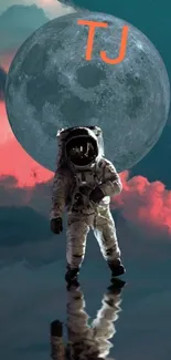 Astronaut standing before a large full moon with a reflective surface.