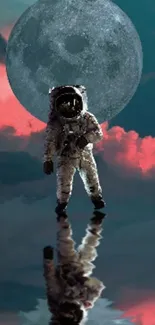 Surreal astronaut reflecting in water with a moon backdrop.