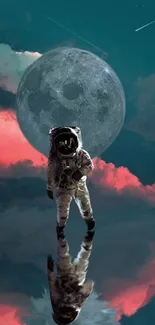 Astronaut reflected on a water surface with a large moon in the backdrop.