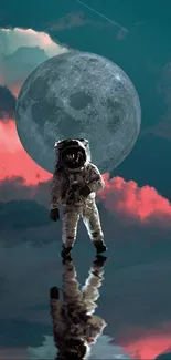 Astronaut with moon and water reflection wallpaper.