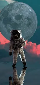 Astronaut walking on water under moonlit sky with colorful clouds.